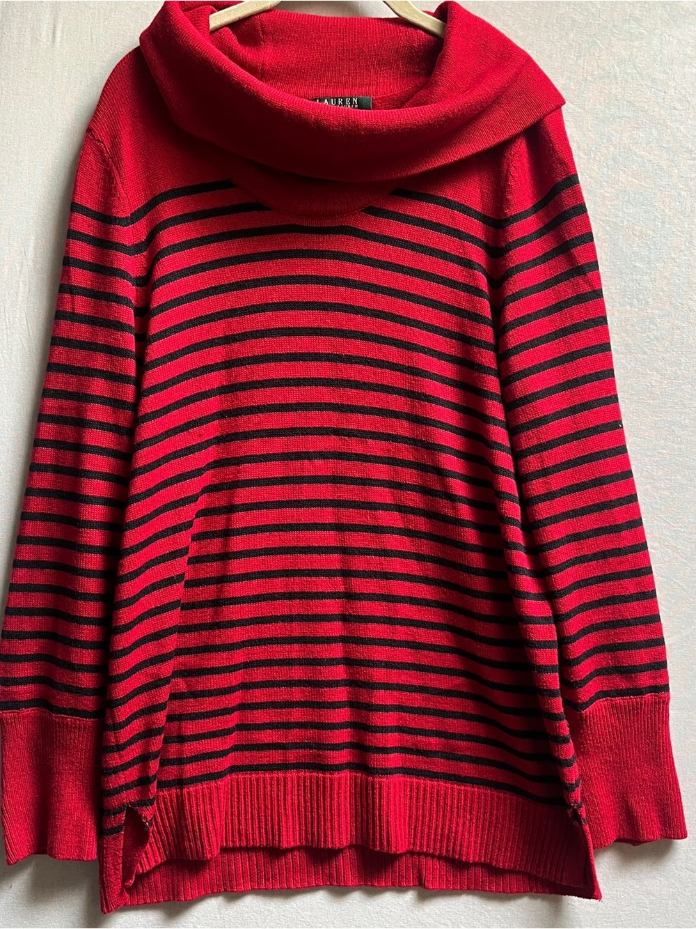 Ralph Lauren Red Black Striped Wool Blend Cowl Neck Sweater PL